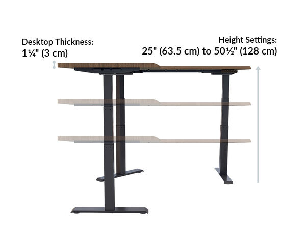 The L-Shape Electric Standing Desk Walnut black is 25 inches to 50 and a half inches high