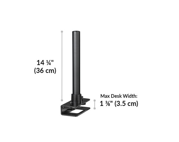 the max depth that the desk mounting hardware will allow is 1 and 3 eighth inches deep. This fits all Vari desk products.