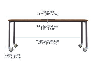 conference table measures 71 1/2 inches long by 67 1/4 inches wide Standing conference table has a total depth of 41 1/4 inches , the depth between legs is 37 1/4, the bottom shelf depth is 28 1/4, the clearance below support bar is 8 and 3/4 inches, and the total height is 43 inches