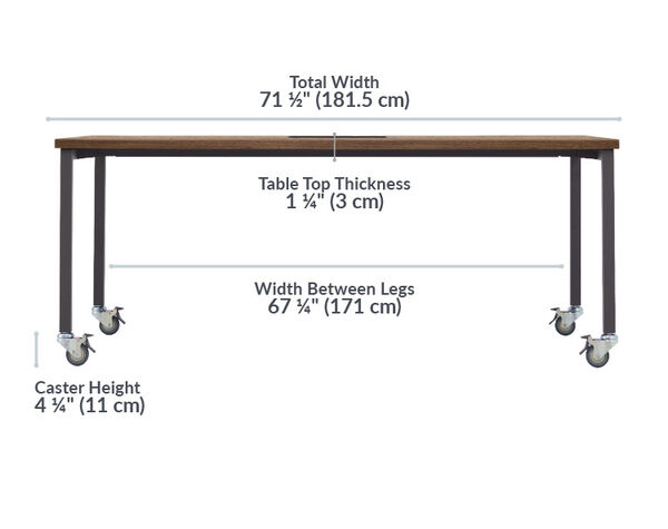 conference table measures 71 1/2 inches long by 67 1/4 inches wide Standing conference table has a total depth of 41 1/4 inches , the depth between legs is 37 1/4, the bottom shelf depth is 28 1/4, the clearance below support bar is 8 and 3/4 inches, and the total height is 43 inches