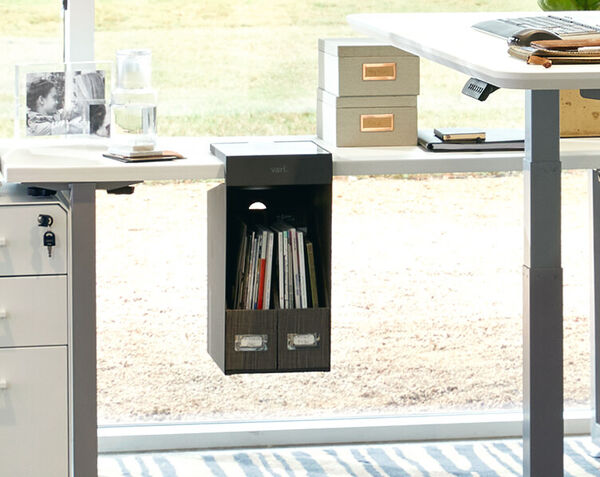 vari hanging desk cubby attached to vari table