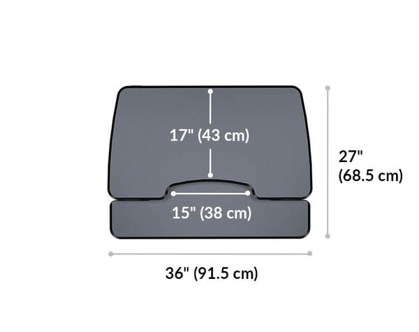 varidesk essential 36 workspace area is 27 inches deep and 36 inches wide. Laptop cutout width is 15 inches and monitor deck depth is 17 inches 
