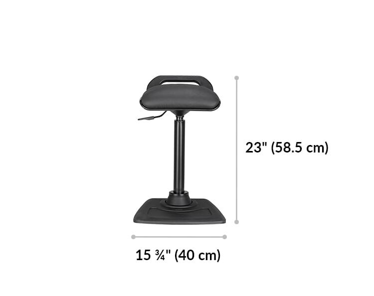Vari Active Seat Basic height 23 inches or 58 point 5 centimeters. Front base width 15 and three quarter inches or 40 centimeters