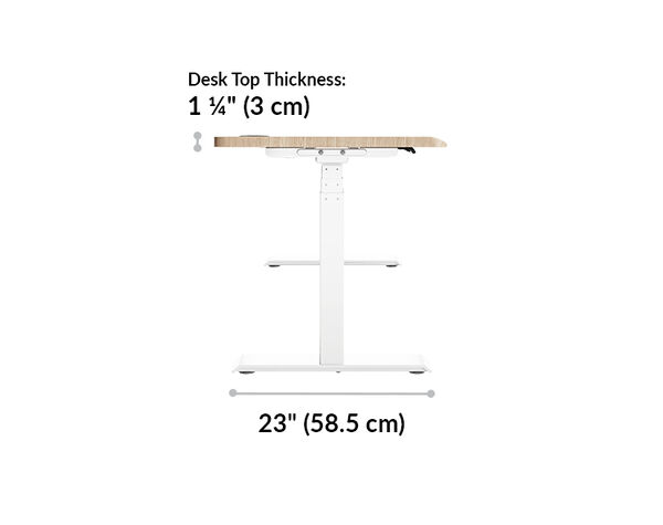 The base of the ergo Electric Standing Desk 54x26 Light Wood is twenty three inches deep