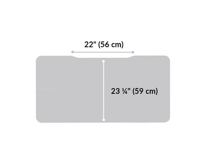 Essential Electric Standing Desk split top in white is 48x24 is 23 and a fourth inches deep. Monitor mount space is 22 inches wide.