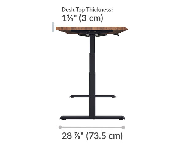 Front view of reclaimed wood electric standing desk showing adjustable height settings from 25 inches (63.5 cm) to 50.5 inches (128 cm) and a base width of 30.5 inches (77.5 cm).
