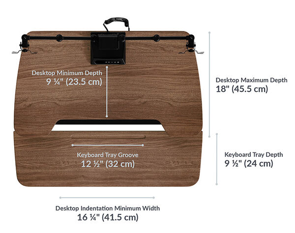 Dimension image shows that the desktop iminmum depth is 9 and a quarter inches deep and the keyboard tray depth is 9 and a half inches deep