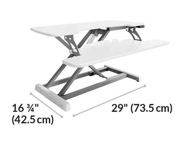 White desk converter side-view diagram showing base depth sixteen and three-quarters inches and width twenty-nine inches