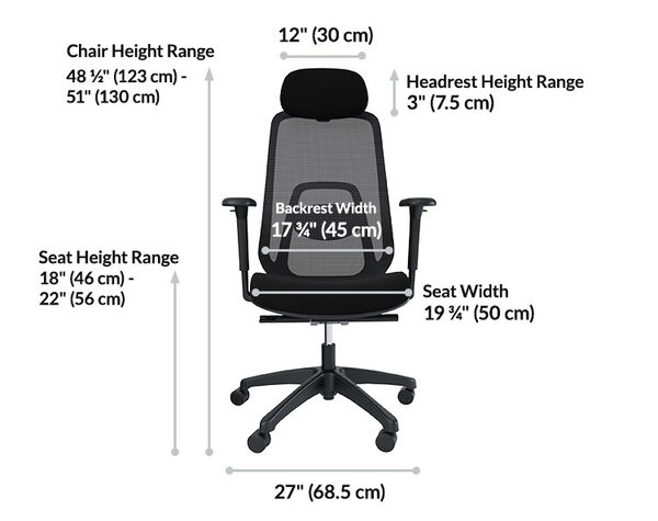 Height forty-eight and one-half to fifty-one inches, seat height eighteen to twenty-two inches, headrest height three inches, backrest seventeen and three-quarters inches wide, seat nineteen and three-quarters inches wide, base twenty-seven inches wide.