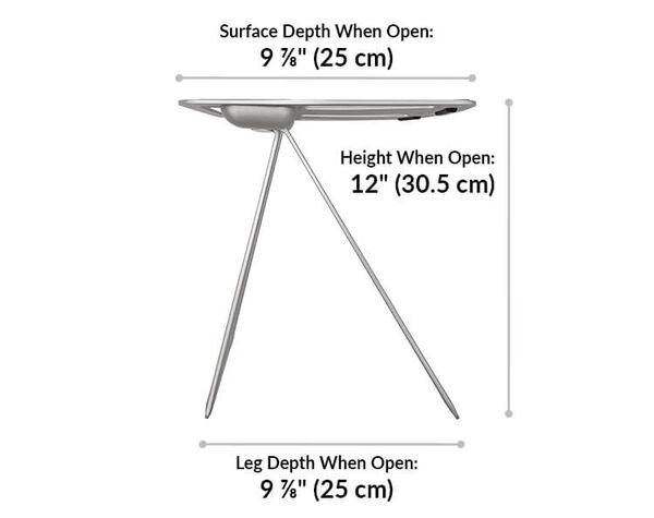 portable laptop stand suface depth when open is 9 and 7 eighth inches. Height when opn is 12 inches. Leg depth when opn is 9 a 7 eighth inches.