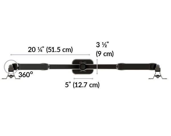 overhead view of the dual monitor arm the brackets at the end of each arm are able to be adjusted three hundred and sixty degrees