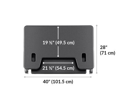 Top view of Varidesk tall 40. Width 40 inches or 101 and a half centimeters. Length 28 inches or 71 centimeters. Display surface length 19 and a half inches or 49 and a half centimeters. Keyboard deck width 21 and a half inches or 54 and a half centimeters.