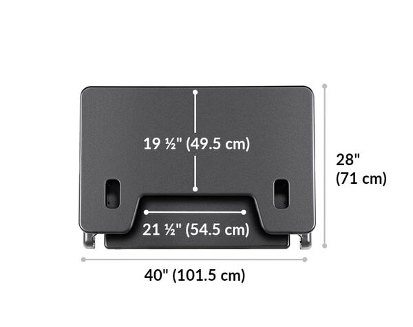 Top view of Varidesk tall 40. Width 40 inches or 101 and a half centimeters. Length 28 inches or 71 centimeters. Display surface length 19 and a half inches or 49 and a half centimeters. Keyboard deck width 21 and a half inches or 54 and a half centimeters. 