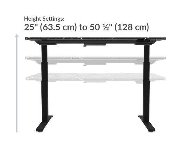 the maximum height the electric standing desk comfortedge sixty by thirty is fifty and a half inches high