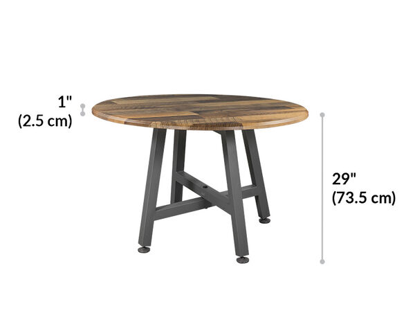 round table top is one inch thick and twenty nine inches tall
