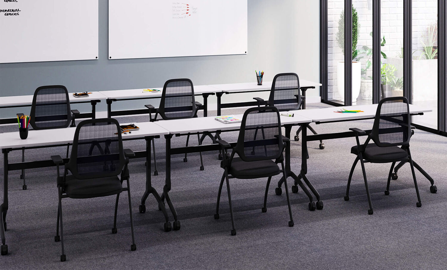 nesting tables locked together to create training space with nesting training chairs