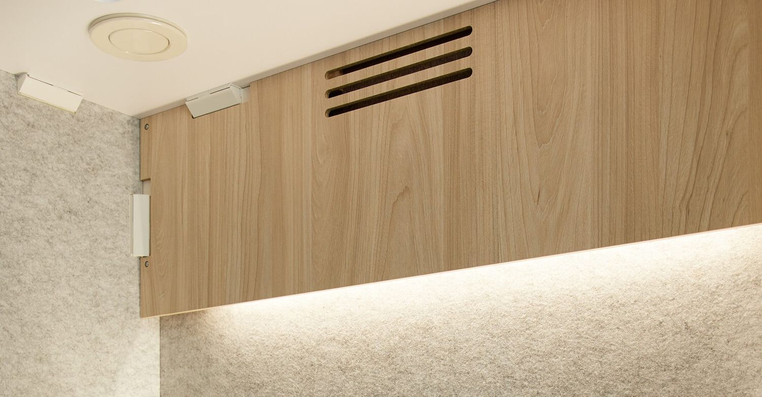 inside the vari privacy booth, integrated lighting is shown coming from panel