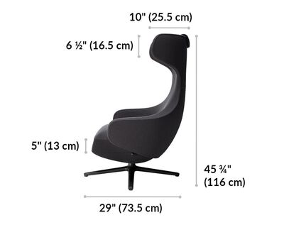 high back lounge chair is 45 and 3 quarter inches tall. Seat cushion height is 5 inches and head rest height is 6 and a half inches.