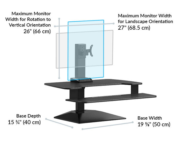 The maximum monitor width for rotation to vertical orientation is 24 inches and the landscape orientation is 27 inches and the base depth is 15 and three quarters deep and 19 and five eights wide