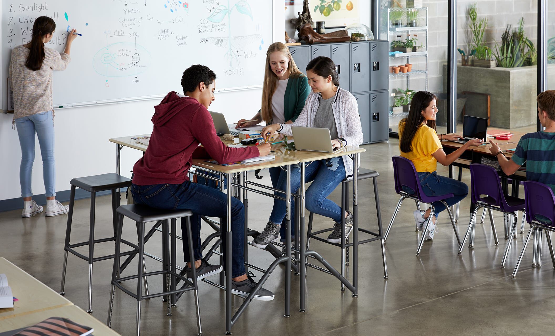 Individuals using vari standing school desk for two 5 through 12