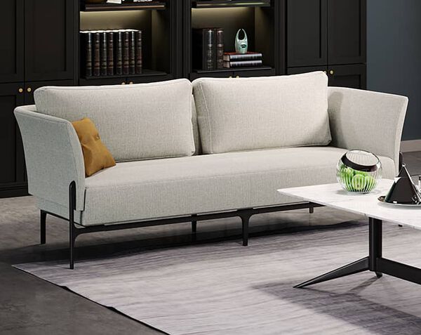Upholstered three seat sofa in silver gray