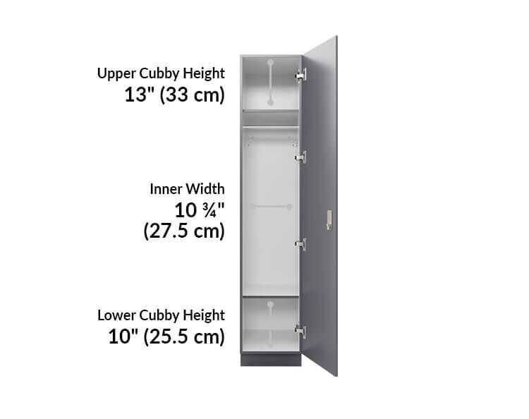 Upper cubby is 13 inches tall, inner width is 10 and 3 quarter inches wide, and lower cubby height is 10 inches.