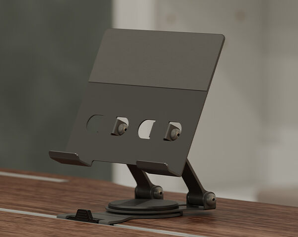 vari tech track tablet stand installed in a electric standing desk