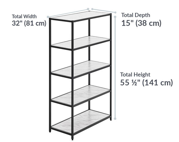 vari 5 tier shelf has a total height of 55 and a half inches and a total depth of 15 inches
