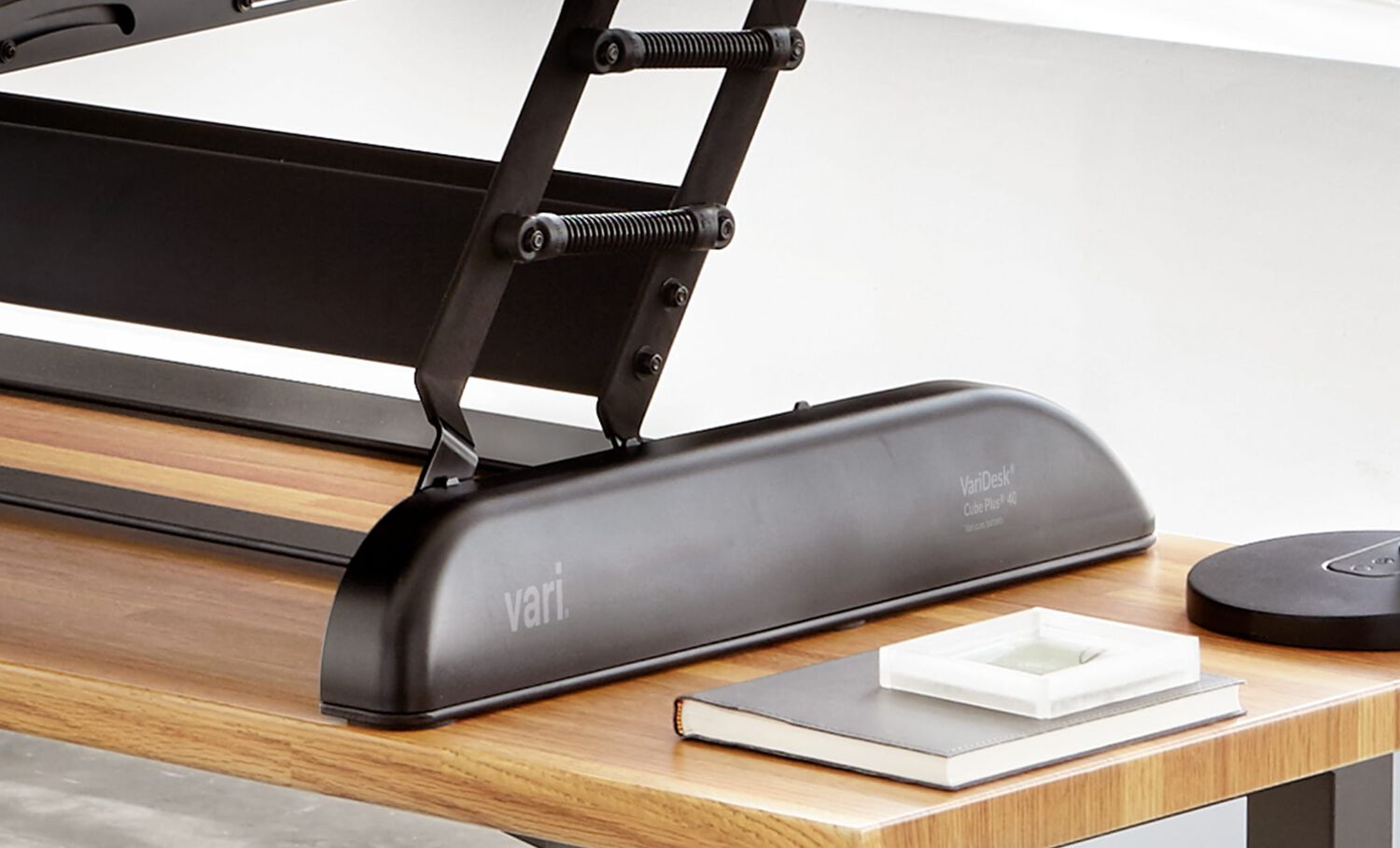 Close up of VariDesk Cube Plus 40 base