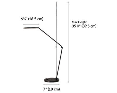 LED Task lamp max height is 35 and a quarter inches tall. Base is 7 inches wide.