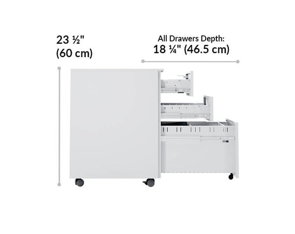 essential file cabinet is 23 and a half inches tall. all drawers are 18 and a quarter inches deep