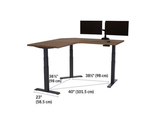L-Shape Electric Standing Desk 60x60 Walnut black legs is 60 inches wide and 60 inches deep