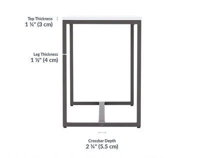 Tabletop thickness is 1 and a quarter inches. Leg thickness is 1 and a half inches.