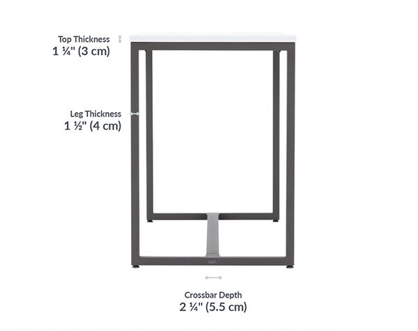  Tabletop thickness is 1 and a quarter inches. Leg thickness is 1 and a half inches.