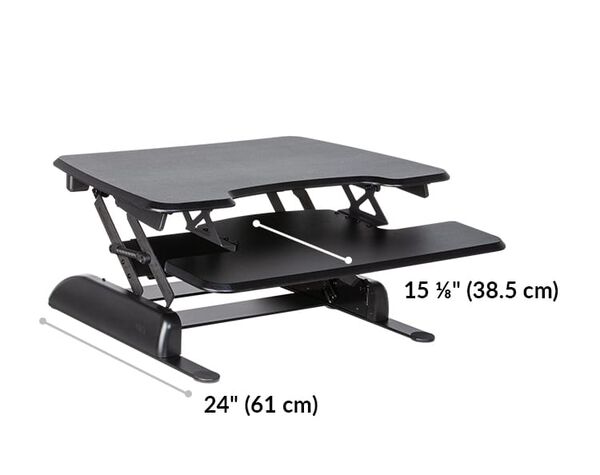 Dimension image shows the base of the desk riser is 24 inches deep