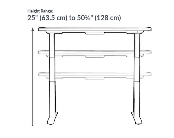 The base of the Electric Standing Desk with ComfortEdge&trade;  60x30 Light Wood goes from 25 inches to 50.5 inches tall