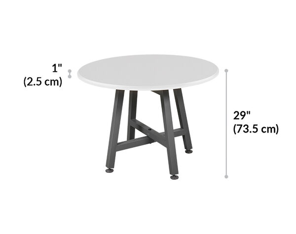round table top is one inch thick and twenty nine inches tall