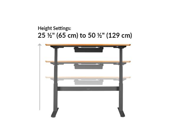 The base of the Electric Standing Desk 60x30 Butcher Block goes from 25.5 inches to 50.5 inches tall