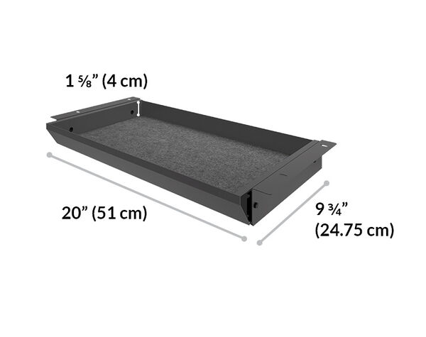 vari desk drawer is 20 and three quarter inches wide, 1 and three quarter inches tall and 9 inches deep