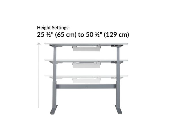 electric standing desk's height settings range from 25 and a half inches to 50 and a half inches