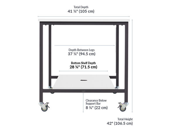 Standing conference table has a total depth of 41 1/4 inches , the depth between legs is 37 1/4, the bottom shelf depth is 28 1/4, the clearance below support bar is 8 and 3/4 inches, and the total height is 43 inches