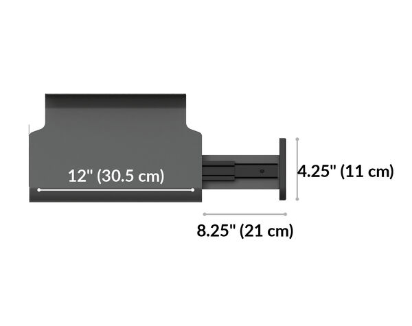 vari desk drawer is 12 inches deep and 8 and when the drawer is pulled out the drawer adds another 8 and a quarter inch