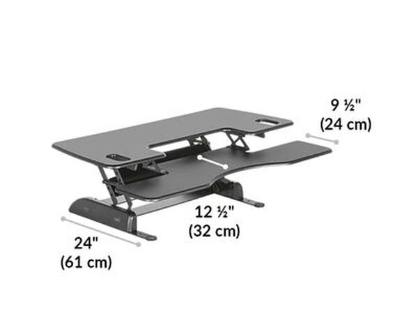 Dimension image shows the base of the desk riser is 24 inches deep