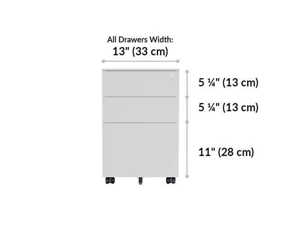 all drawers are 13 inches wide. Top 2 drawers are 5 and a quarter inches tall while the bottom drawer is 11 inches tall 