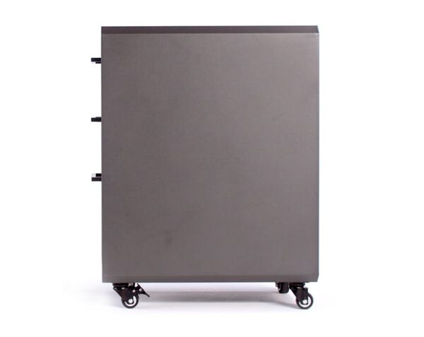slim file cabinet seen from side with three handles and a sleek design