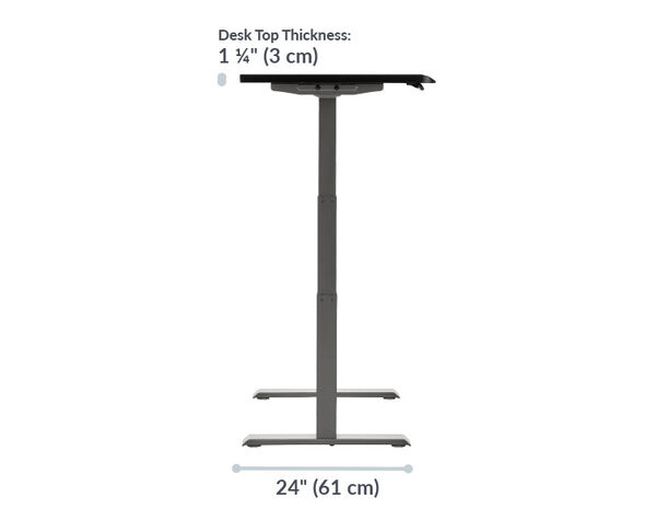 A side view of the black electric standing desk displaying a desk thickness of 1.25 inches (3 cm) and a base width of 24 inches (61 cm).