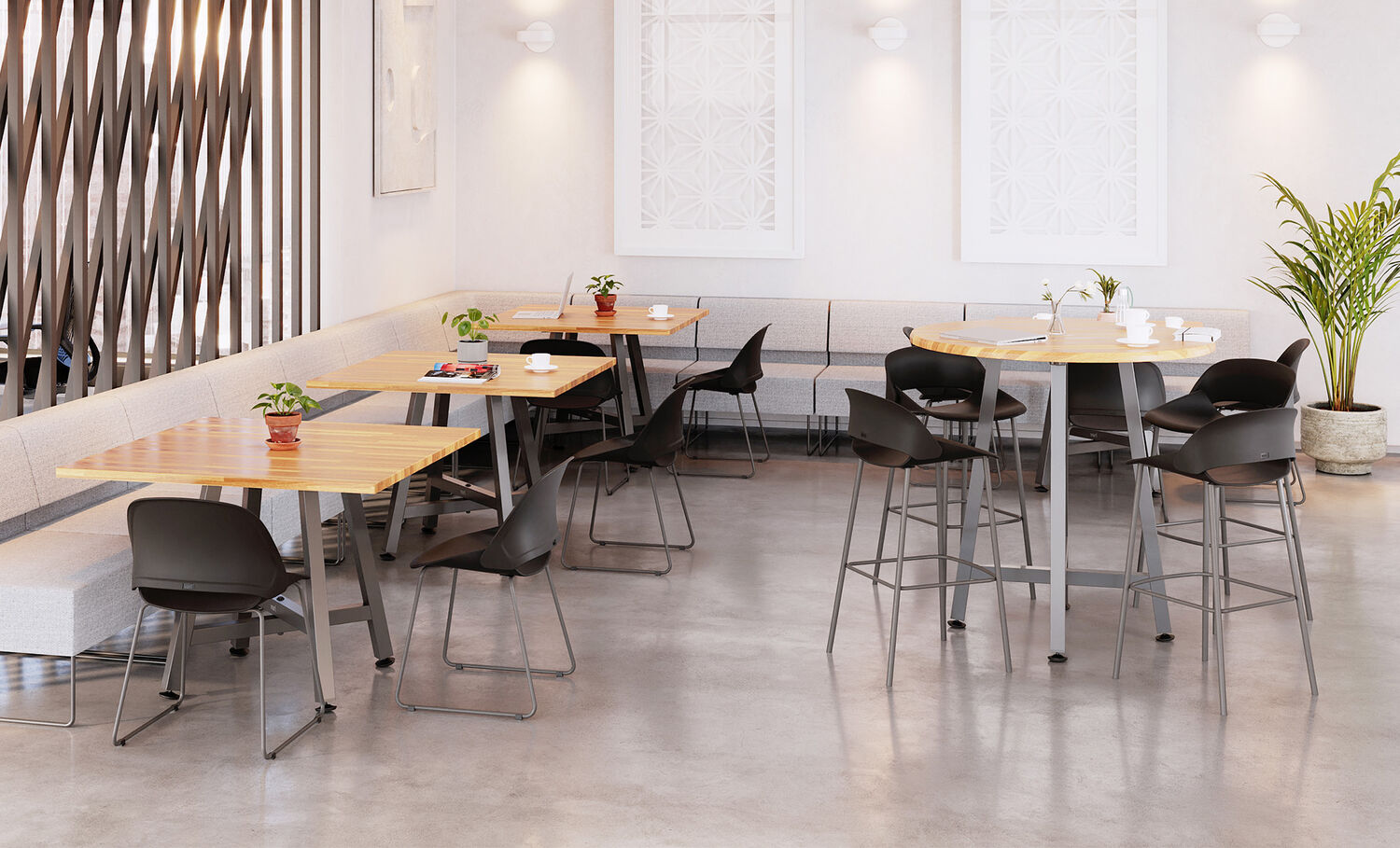 black cafe chairs around tables in lounge setting