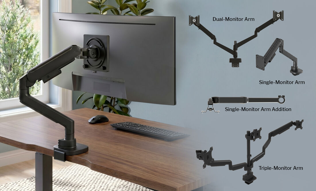 electric standing desk with the single monitor arm and laptop holder attached to the desk with a monitor mounted on it and to the right of the image is the entire line of new monitor arms 