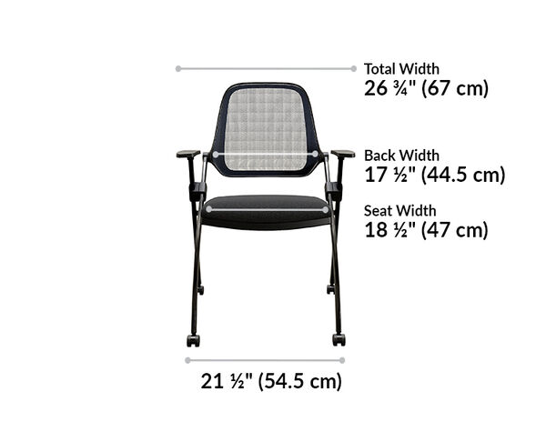 nesting training chair is 26 and 3 quarter inches wide. Back width is 17 and a half inches. Seat width is 18 and a half inches. Leg width is 21 and a half inches