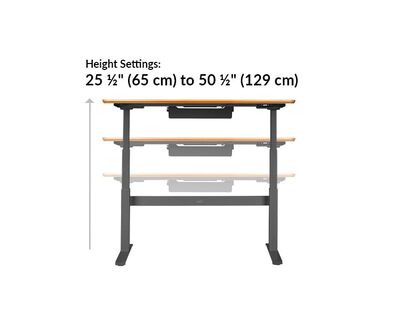 The base of the Electric Standing Desk 60x30 Butcher Block goes from 25.5 inches to 50.5 inches tall